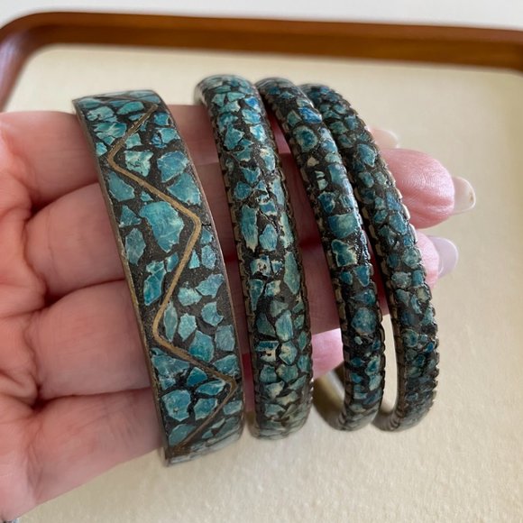 Mid Century Turquoise Bangle Bracelets - Picture 1 of 4